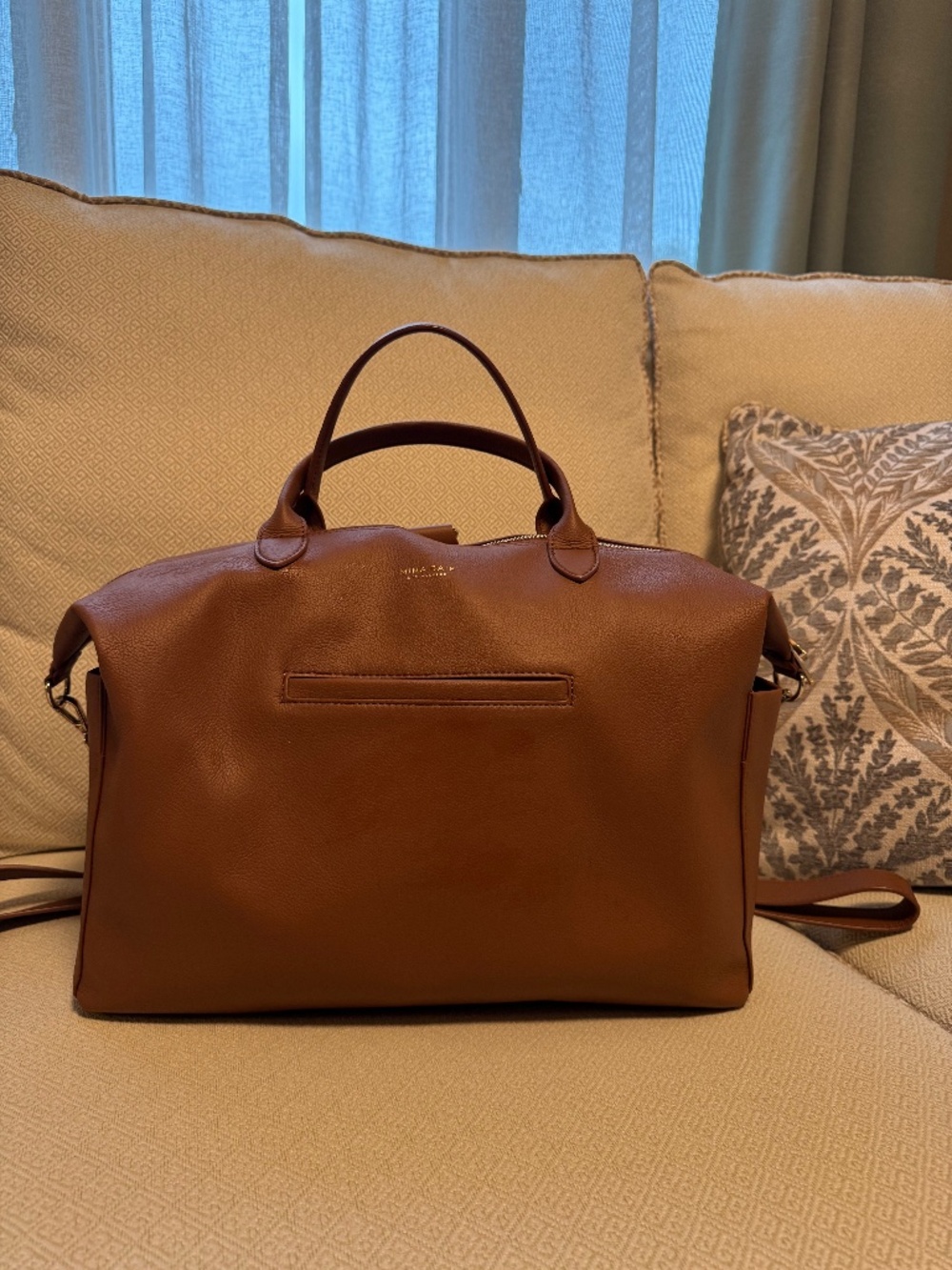 Mina Baie Emmy Tote, camel, vegan leather w/ shoulder, backpack, stroller straps